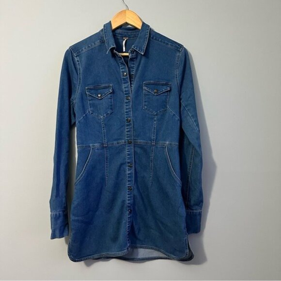 Free People Dynomite Denim Dress Small Western Boho Retro 70s - Picture 3 of 13